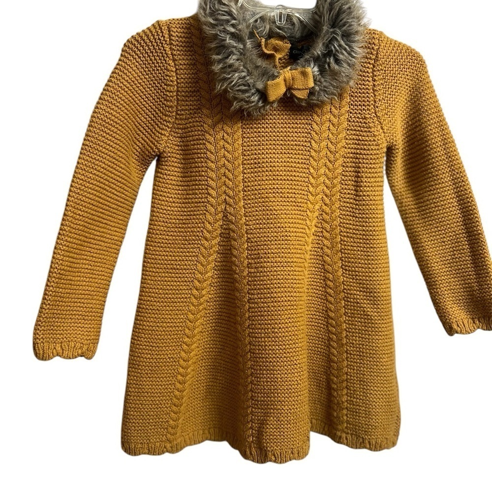 Christian Siriano Baby Girl Cozy Mustard Knit Sweater Dress with Faux Fur Collar